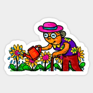 Senior Woman Gardener Watering Flowers Sticker